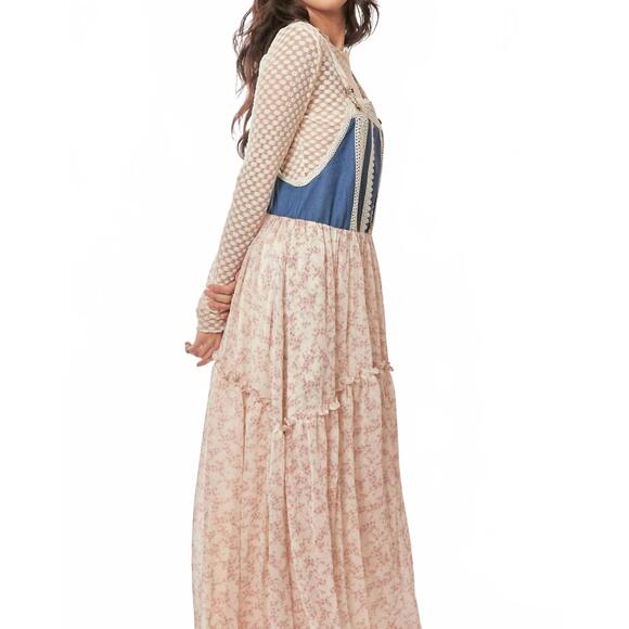 NEW DAVI & DANI denim with lace overall midi dress in pink floral - Picture 9 of 10